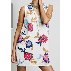 Free People Medium Ivory Mini Shift Dress Embroidered‎ Sequin Floral Sleeveless